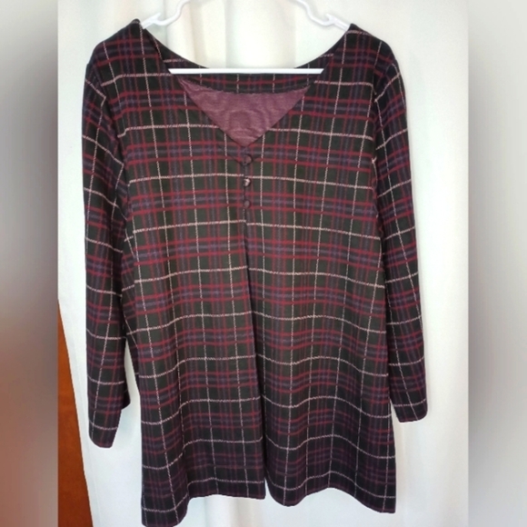 J. Jill Tops - J Jill Ponte Knit Top XL Plaid Pleated Buttons Swing Red Black Academia